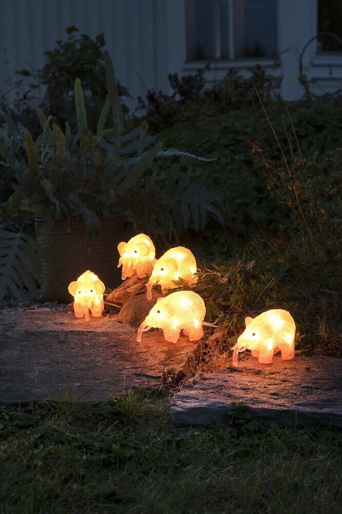Leuchteffektvolle Acryl-Elefanten von Konstsmide in einem warmweißen Lichtschein, 5er Set für den Außenbereich