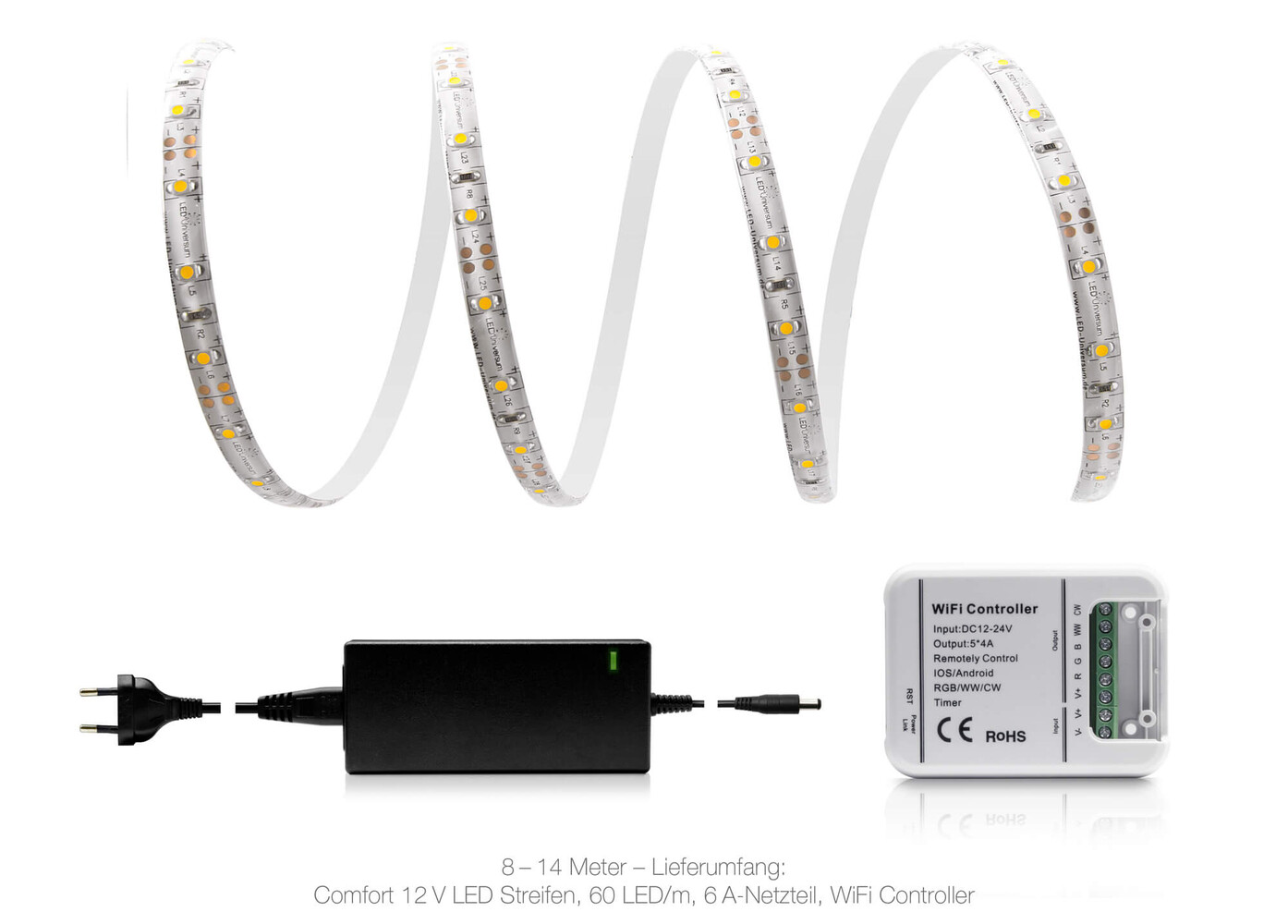 LED Streifen in warmweiß von LED Universum, als komplettes Set inklusive Netzteil und Controller