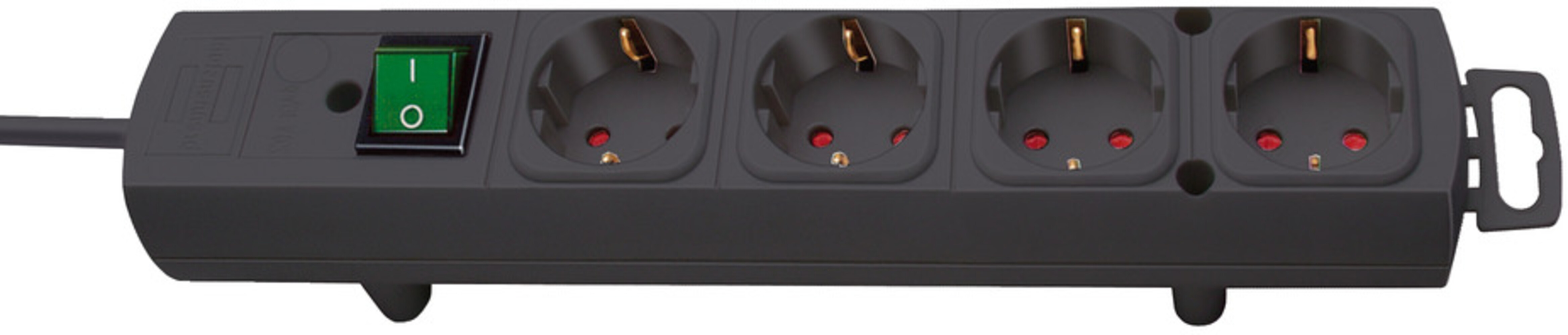 Schwarze 4-fach Steckdosenleiste der Marke Brennenstuhl mit zusätzlichem Schalter und 2m Kabel