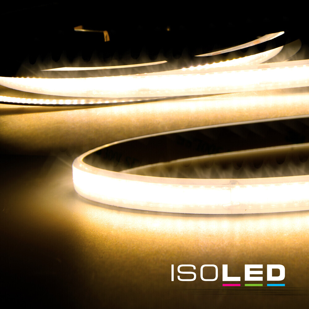 Bild von einem hochwertigen Isoled LED Streifen in warmweißer Beleuchtung, wasserdicht mit IP68 Zertifizierung