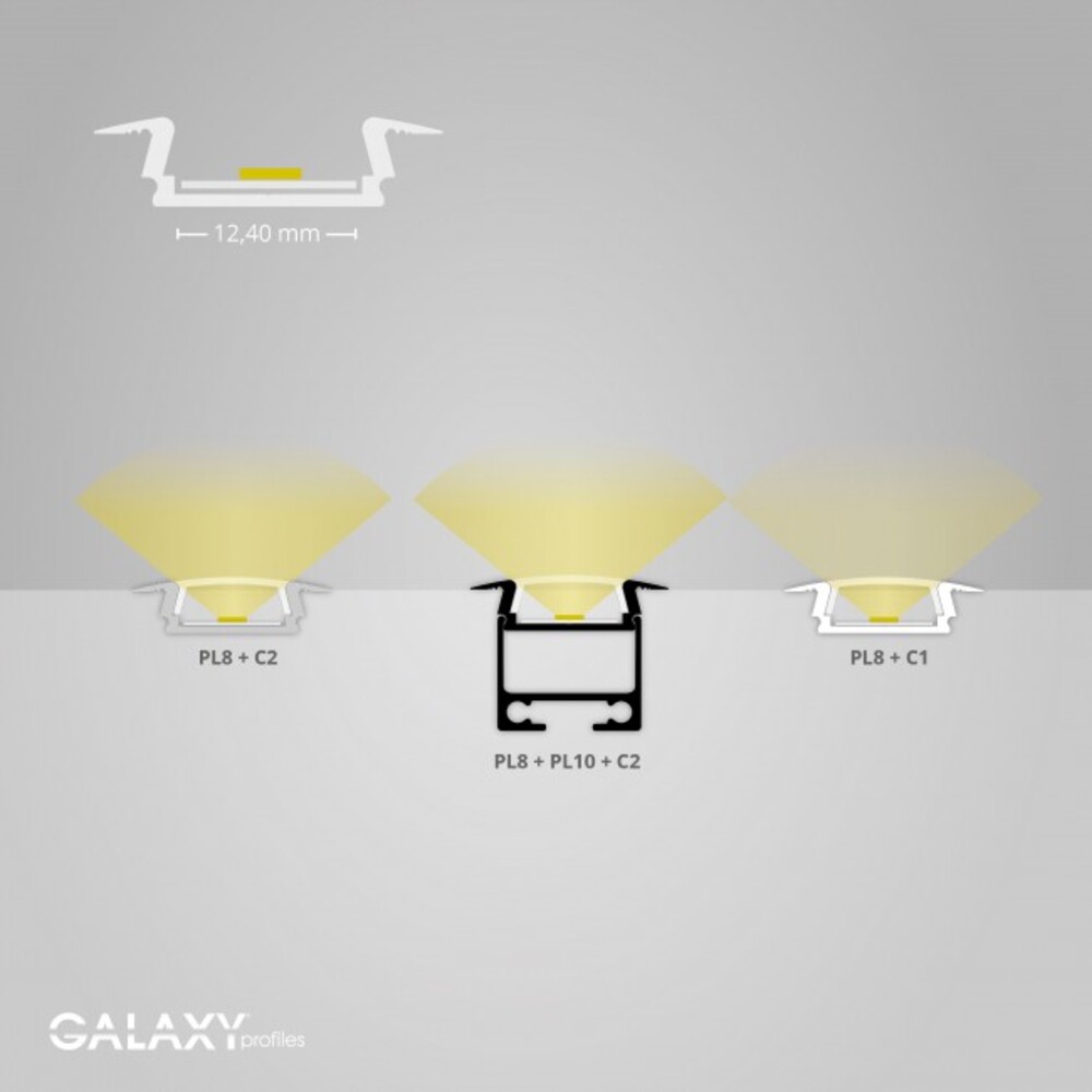 Weißes, flaches LED Profil von GALAXY profiles mit Flügeln für maximale LED Stripes von 12 mm