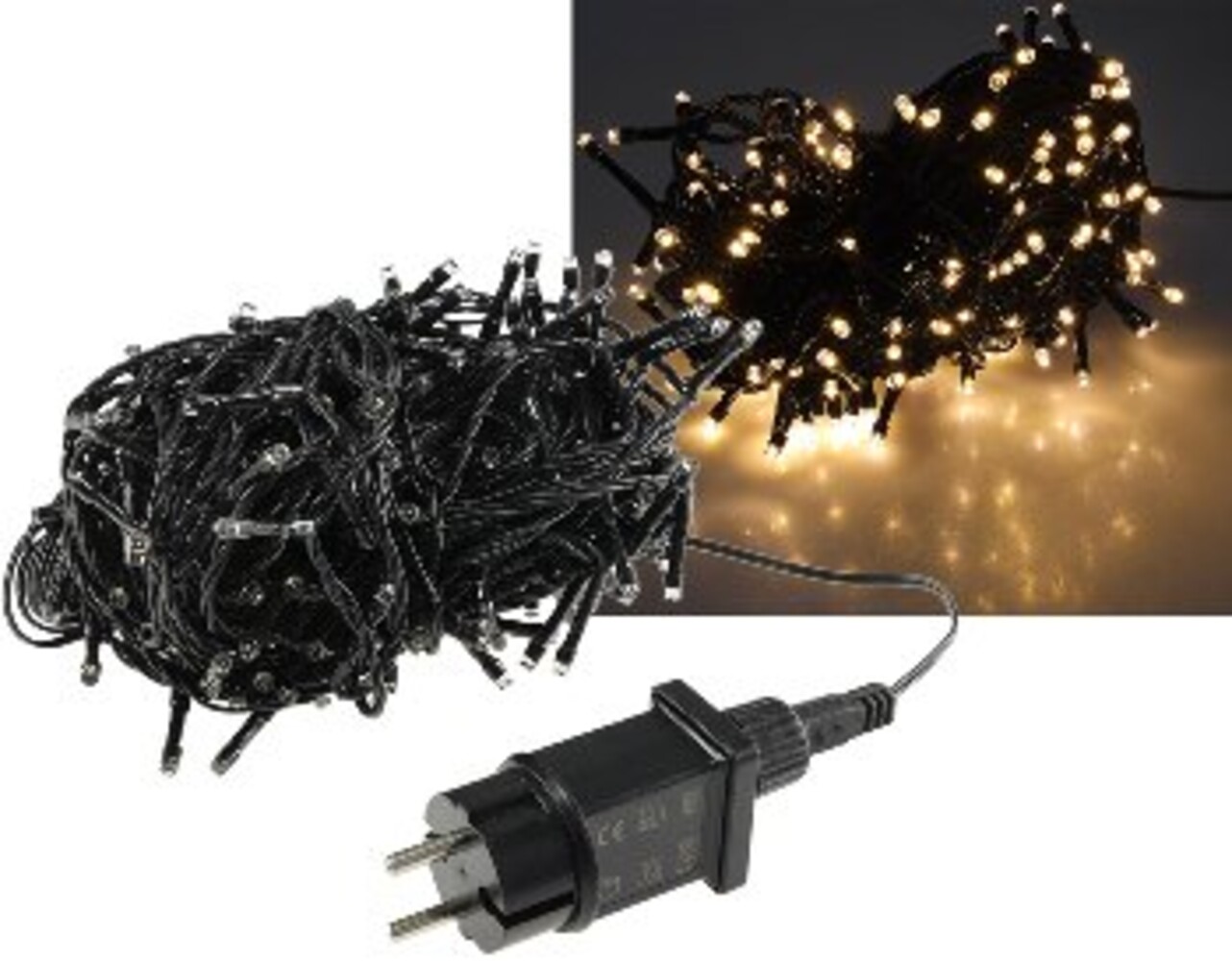 Faszinierende Lichterkette von ChiliTec in warmweiß und mit schwarzen Kabeln