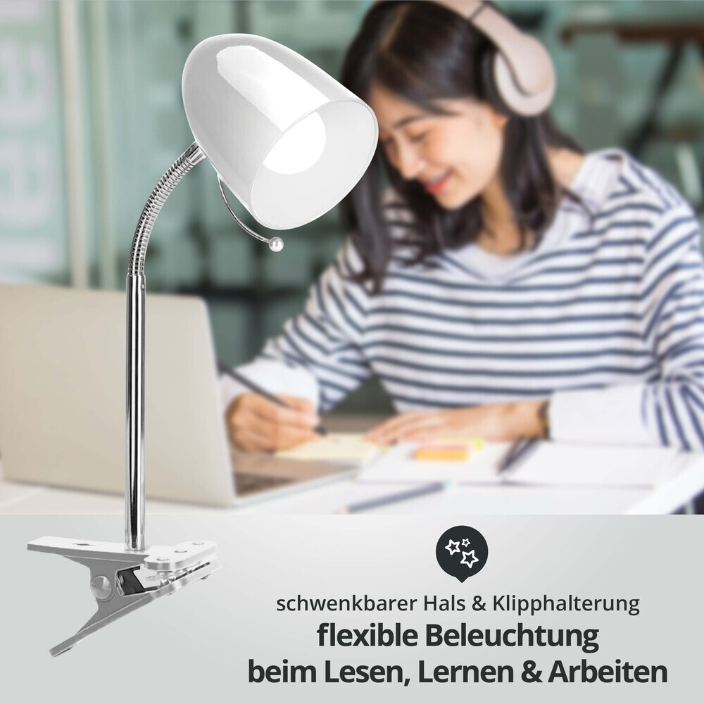 Praktische Schreibtischlampe mit flexiblem Schwanenhals und klemmbarem Sockel in elegantem Weiß und Chrom von LED Universum