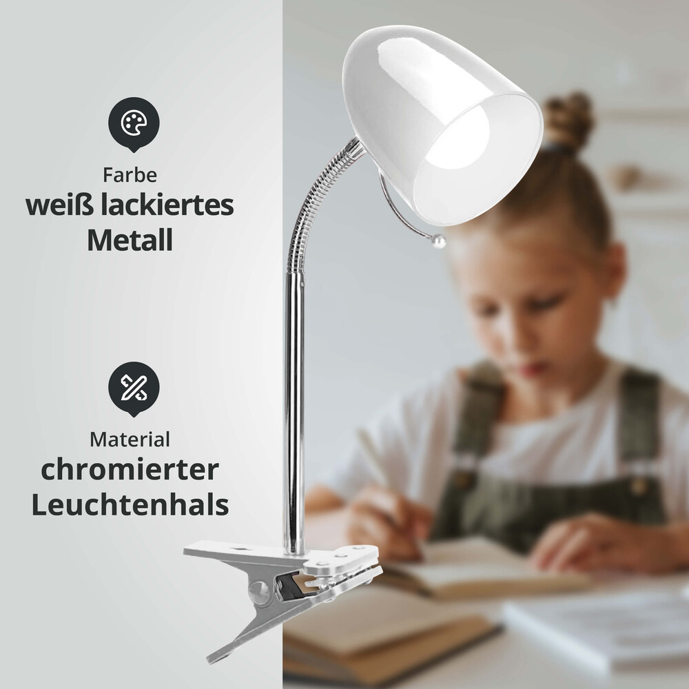 Elegante weiße Schreibtischlampe mit flexiblem Schwanenhals und chromfarbenem Sockel von LED Universum