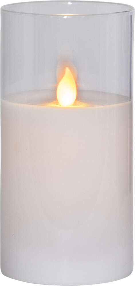 Prächtige weiße LED Kerze von Star Trading mit bewegter Flamme im Glasgefäß