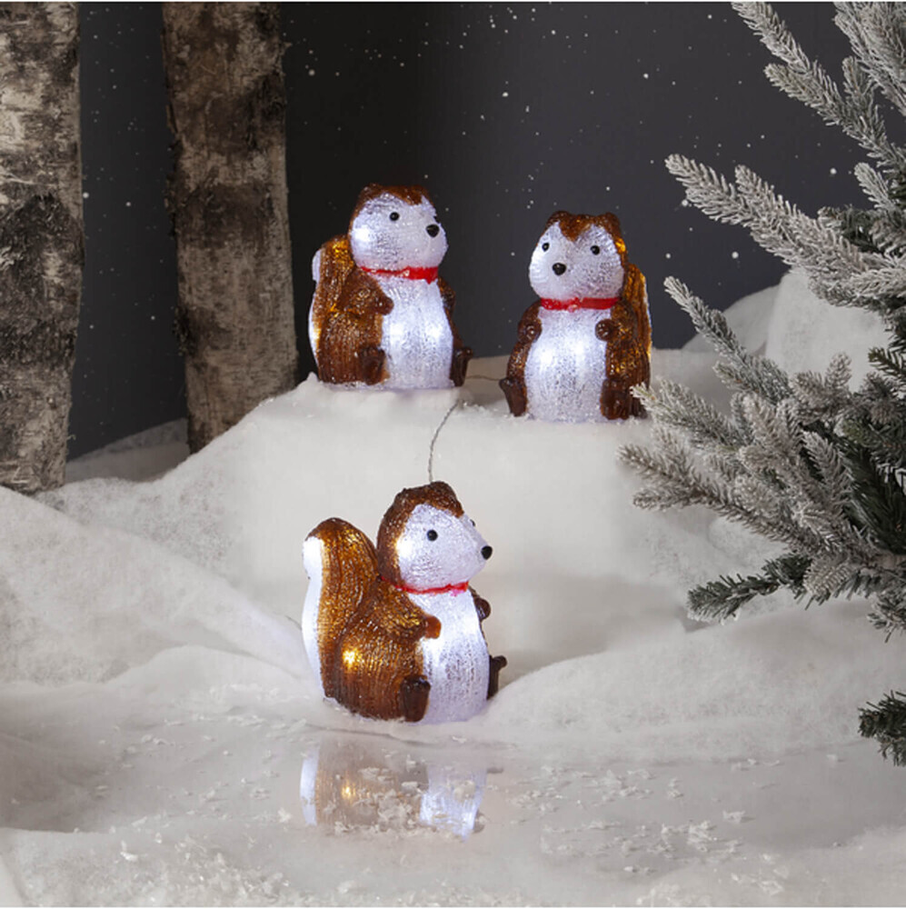 Drei leuchtende Eichhörnchenfiguren aus Acryl mit strahlenden weißen LEDs von Star Trading