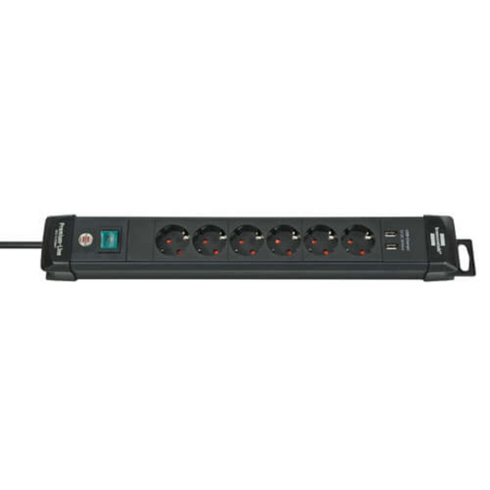 Schwarze Steckdosenleiste der Brennenstuhl Premium Line, mit USB Ladefunktion und 6 Steckdosen. Hochwertiges Produkt von Brennenstuhl.