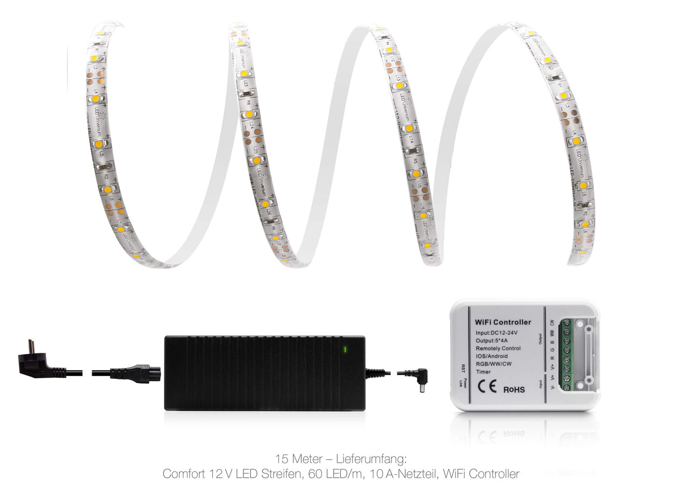 Hochwertiger LED Streifen von LED Universum in warmweiß mit 60 LEDs pro Meter und IP65 Schutz