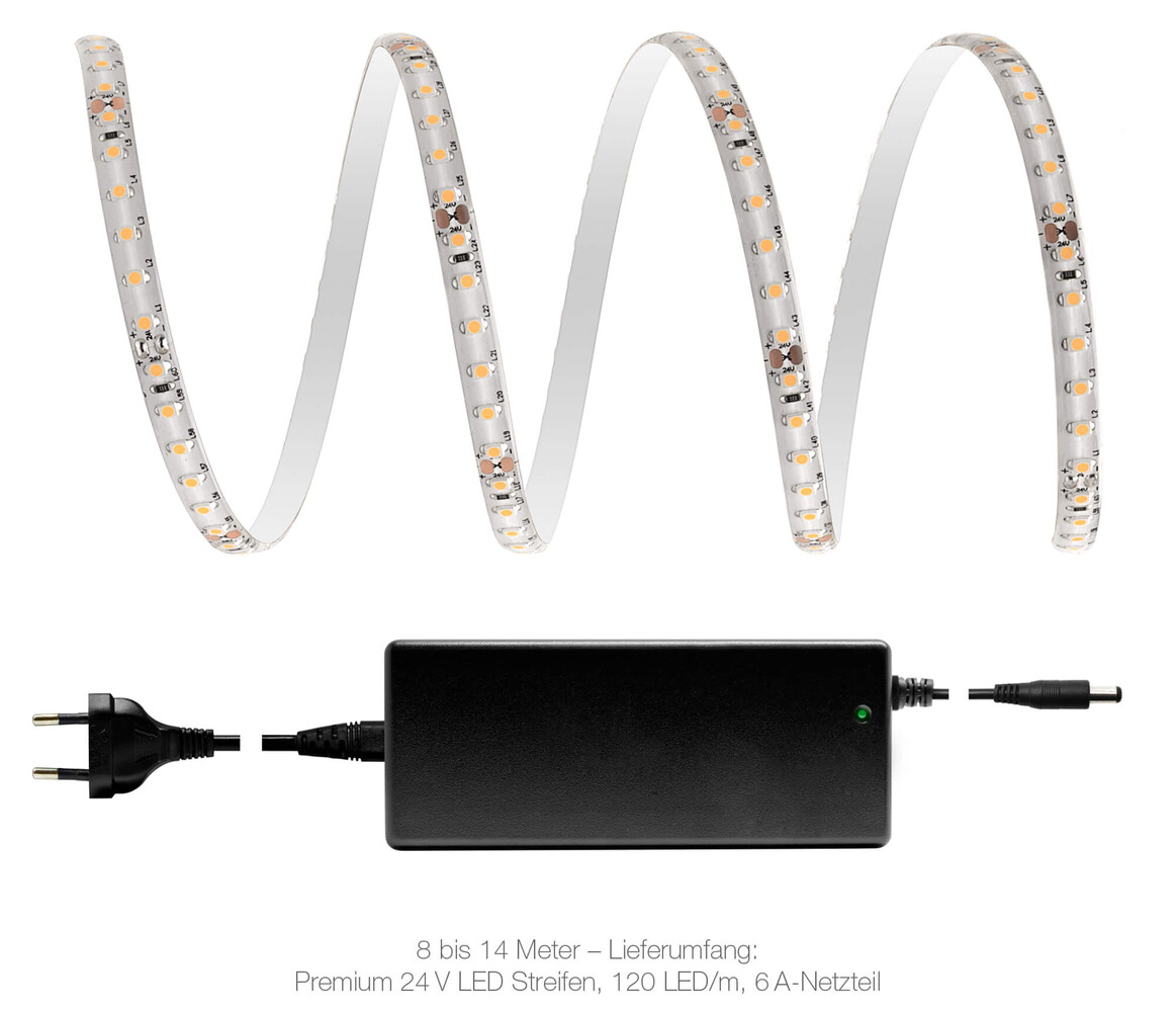 Premium warmweißer LED Streifen von LED Universum, widerstandsfähig gegen Wasser (IP65)