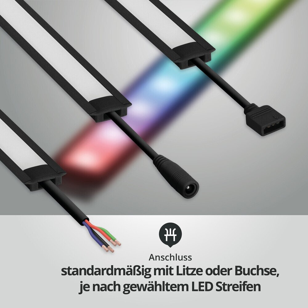 Schmale, schwarze LED-Leiste von LED Universum mit leuchtenden RGB- Farben