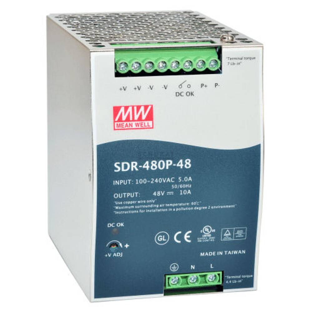 Hochqualitatives, effizientes Hutschienen Netzteil der Serie SDR-480 von MEANWELL mit einer Leistung von 480W