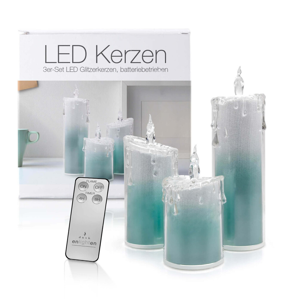 Türkise LED Kerzen mit Glitzereffekt und Acrylverzierung im 3er Set von der Marke LED Universum, inklusive Fernbedienung und Timer