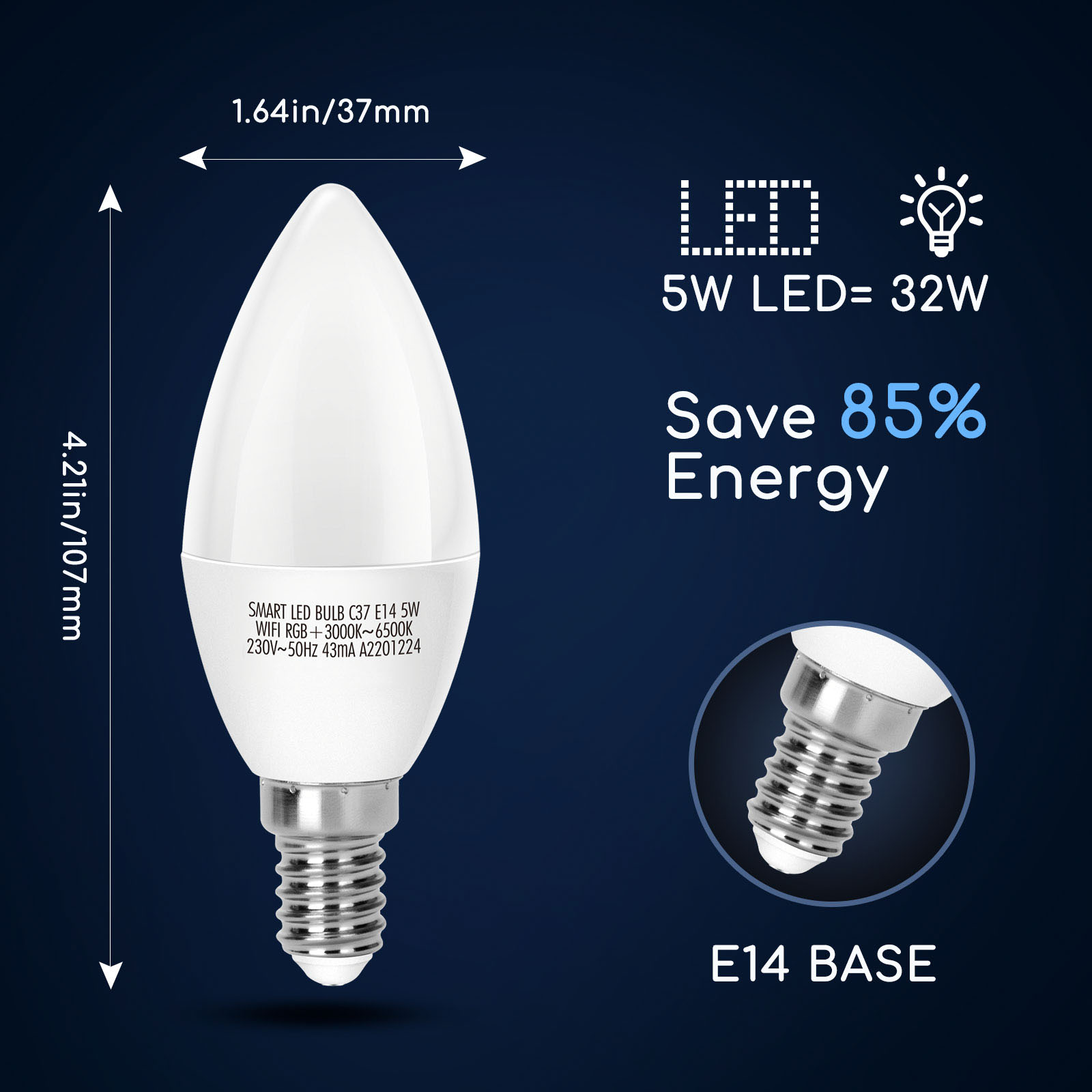 Smart LED Leuchtmittel Glühlampe 6,5W E14 RGB+CCT 2700-6500K 555lm Ø37x107mm (C37) WLAN WB App Google Alexa