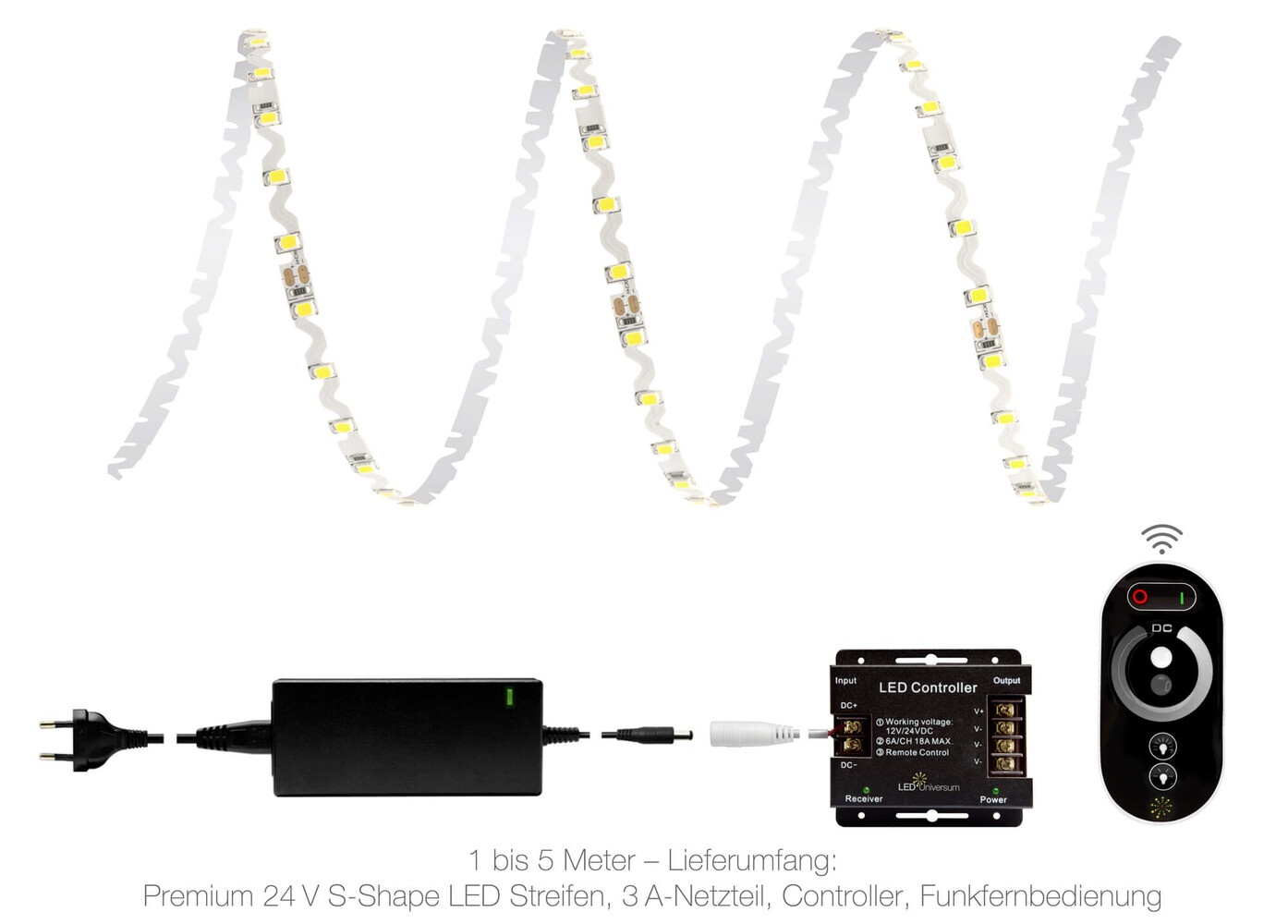 Premium kaltweißer 24V LED Streifen Set von LED Universum mit funkelnden 72 LEDs pro Meter