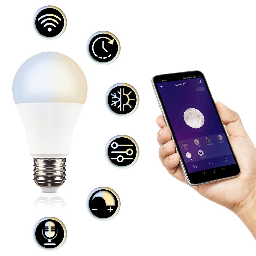 Bright Xlayer LED bulb, Smart Echo E27 9W dimmable, emitting 800 lumens light