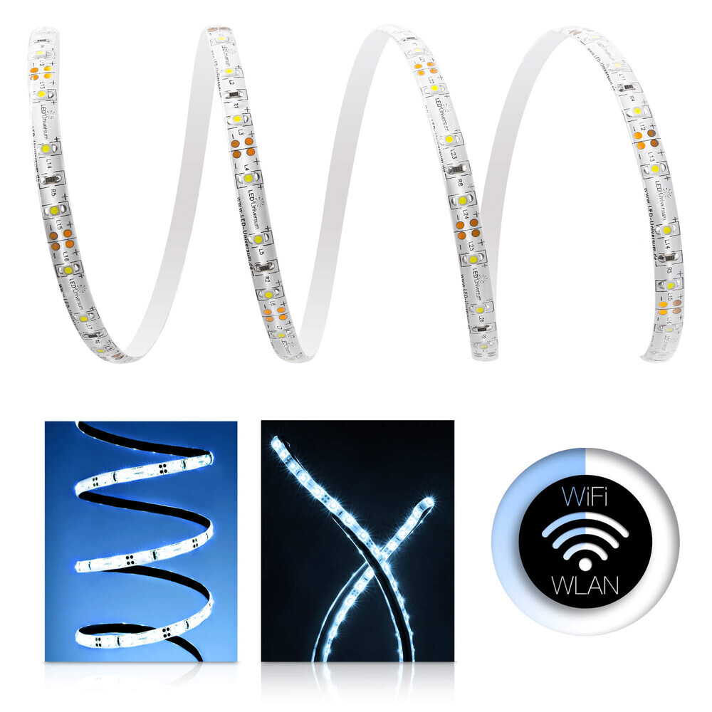 Hochwertiger LED Streifen von LED Universum mit kaltweißer Leuchtwirkung und WLAN Funktionalität