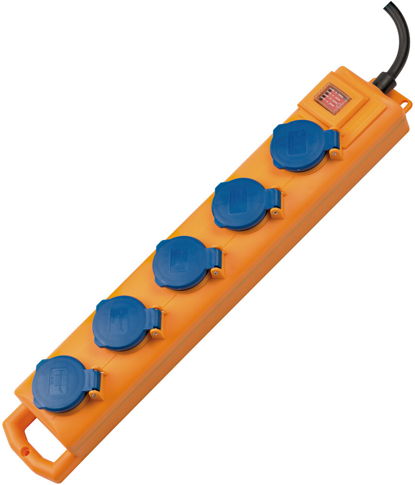 Hochwertiger Steckdosenverteiler von Brennenstuhl in gelb-blau mit 5 Steckdosen, 2m Kabel und Schalter