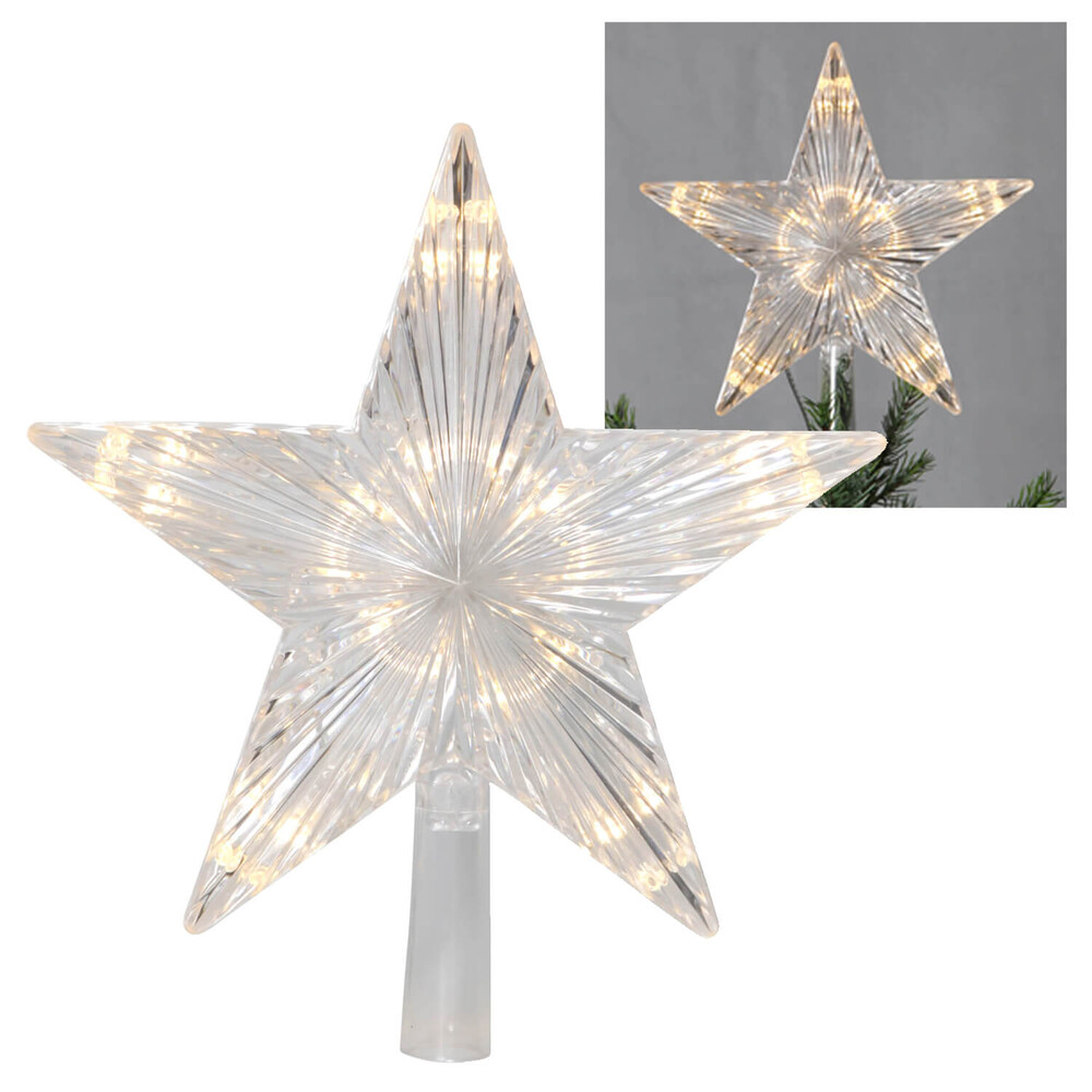 Atemberaubende beleuchtete Christbaumspitze von Star Trading in warm-weißem LED-Licht, transparent und etwa 22x24 cm groß.