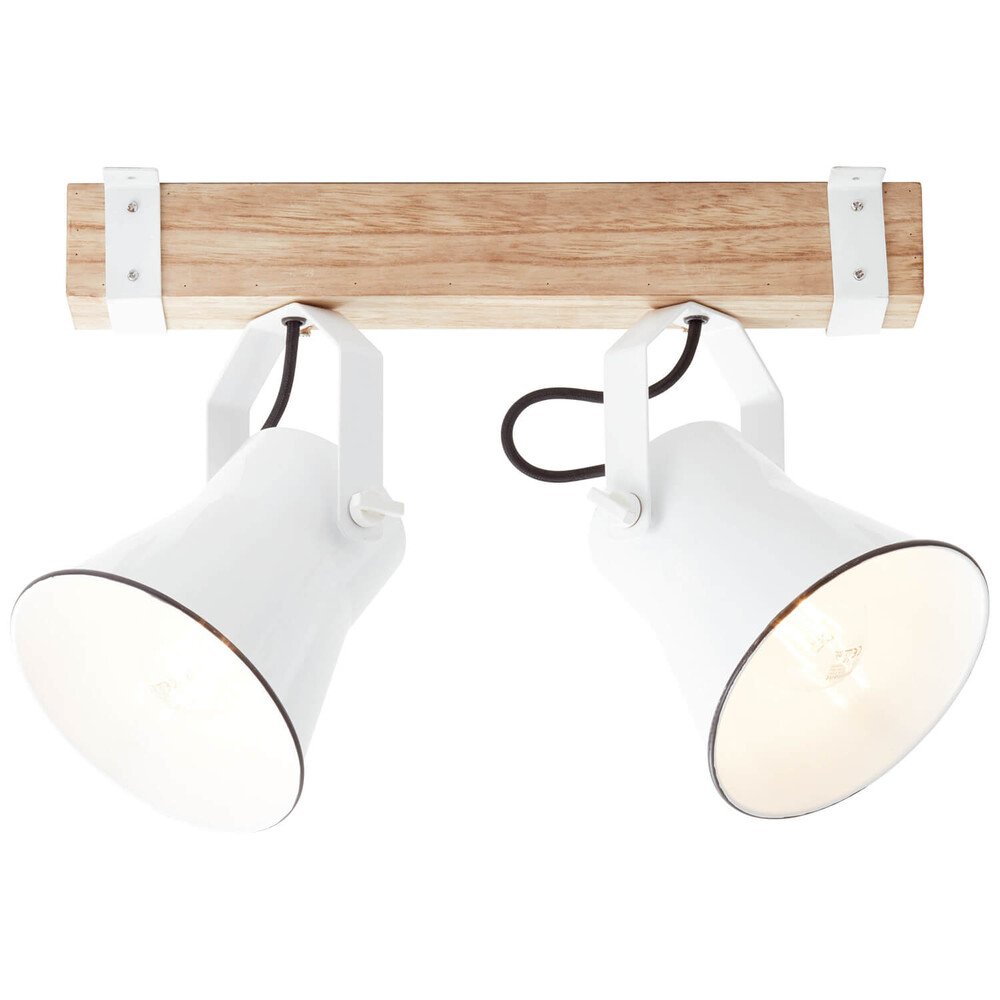 Eleganter zweiflammiger Deckenstrahler in Weiß und hellem Holz von der Marke Brilliant