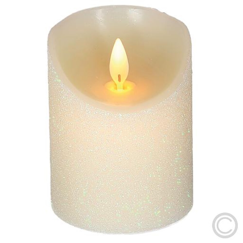 Stilvolle LED Kerzen von Lotti in zauberhaften Elfenbein und schillernder Glitzer-Oberfläche