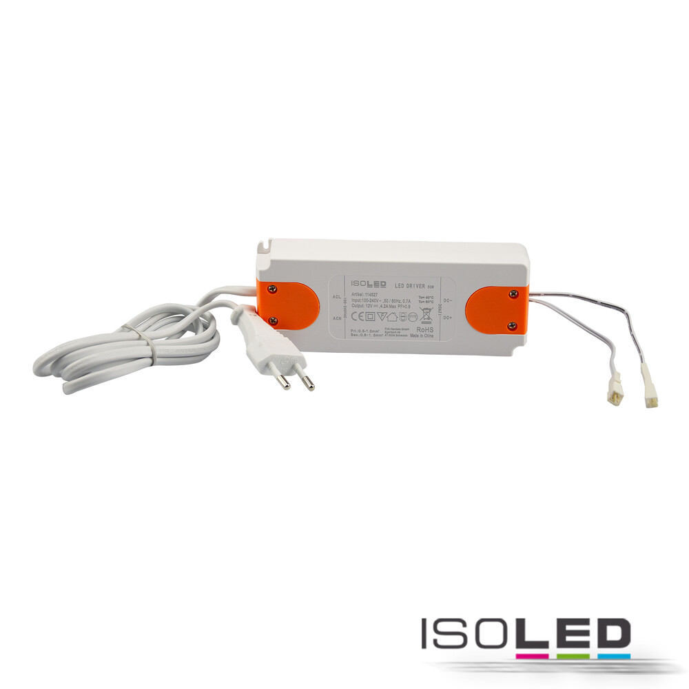 Hochwertiges LED Netzteil der Marke Isoled mit integriertem 120cm Kabel und Flachstecker
