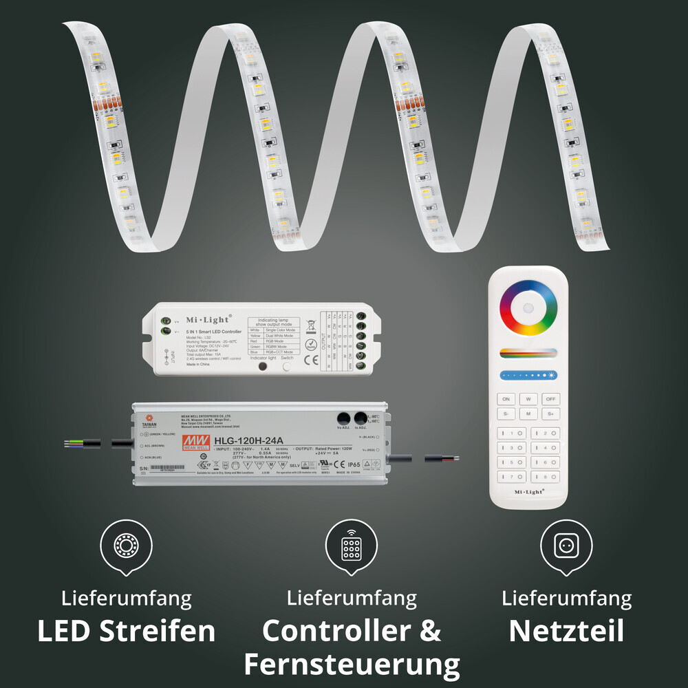 Hochwertiger 24V RGB CCT LED Streifen von LED Universum mit 60 Leuchtdioden pro Meter IP65 geschützt, inklusive WiFi SET und 8 Zonen- Funk Fernbedienung