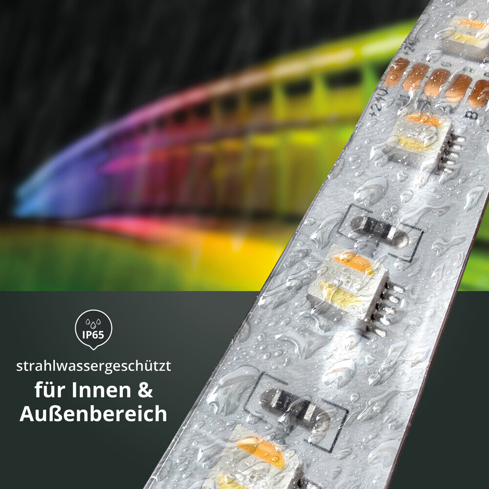 Premium LED Streifen von LED Universum mit 24V RGB CCT 5 in 1 Technologie, 60 LED pro Meter, IP65 geschützt und WiFi-fähig, inkl. Installationsnetzteil und 8-Zonen Funk Fernbedienung