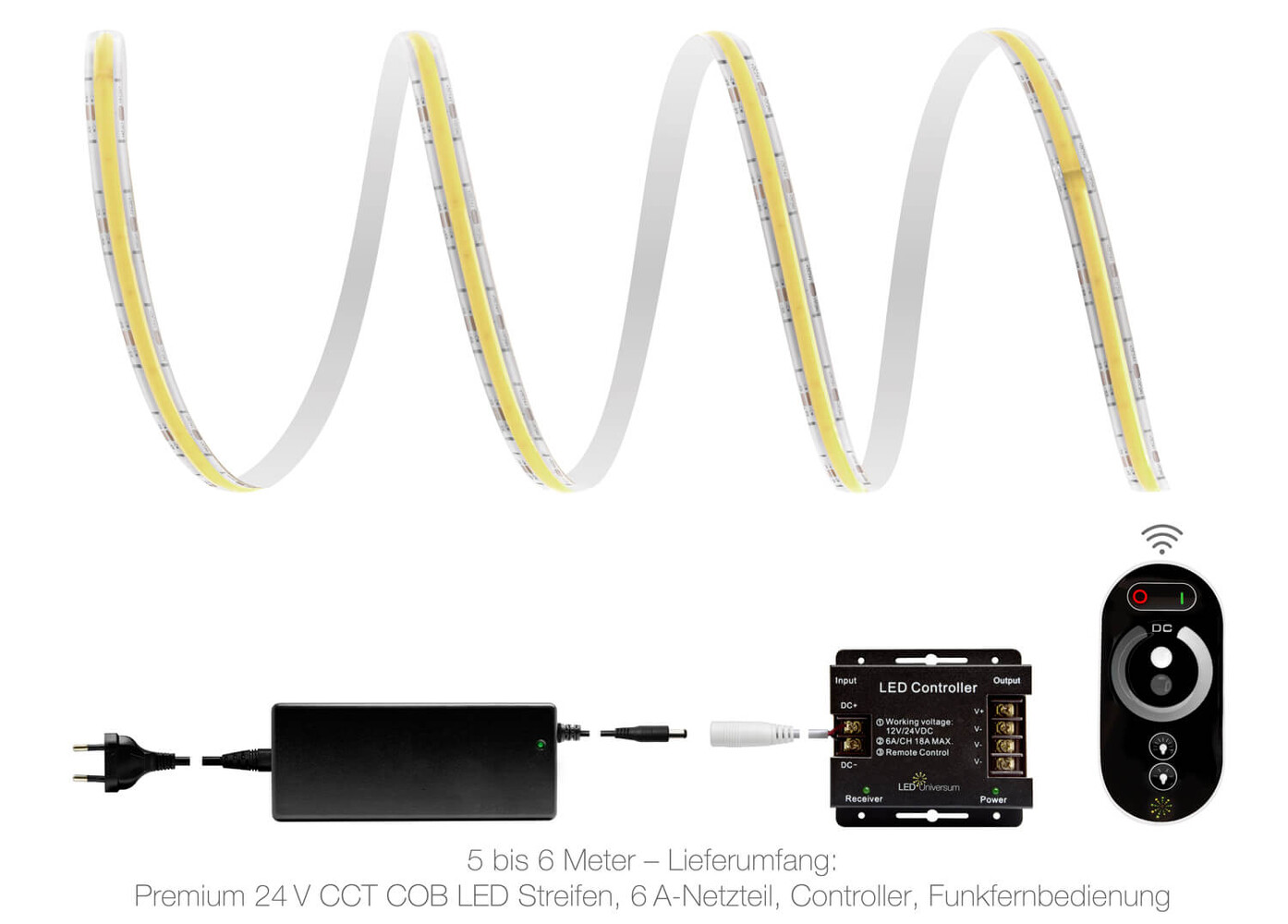 Premium LED Streifen von LED Universum in beeindruckender 24V Technologie und wasserdichtem IP65 Funk Set