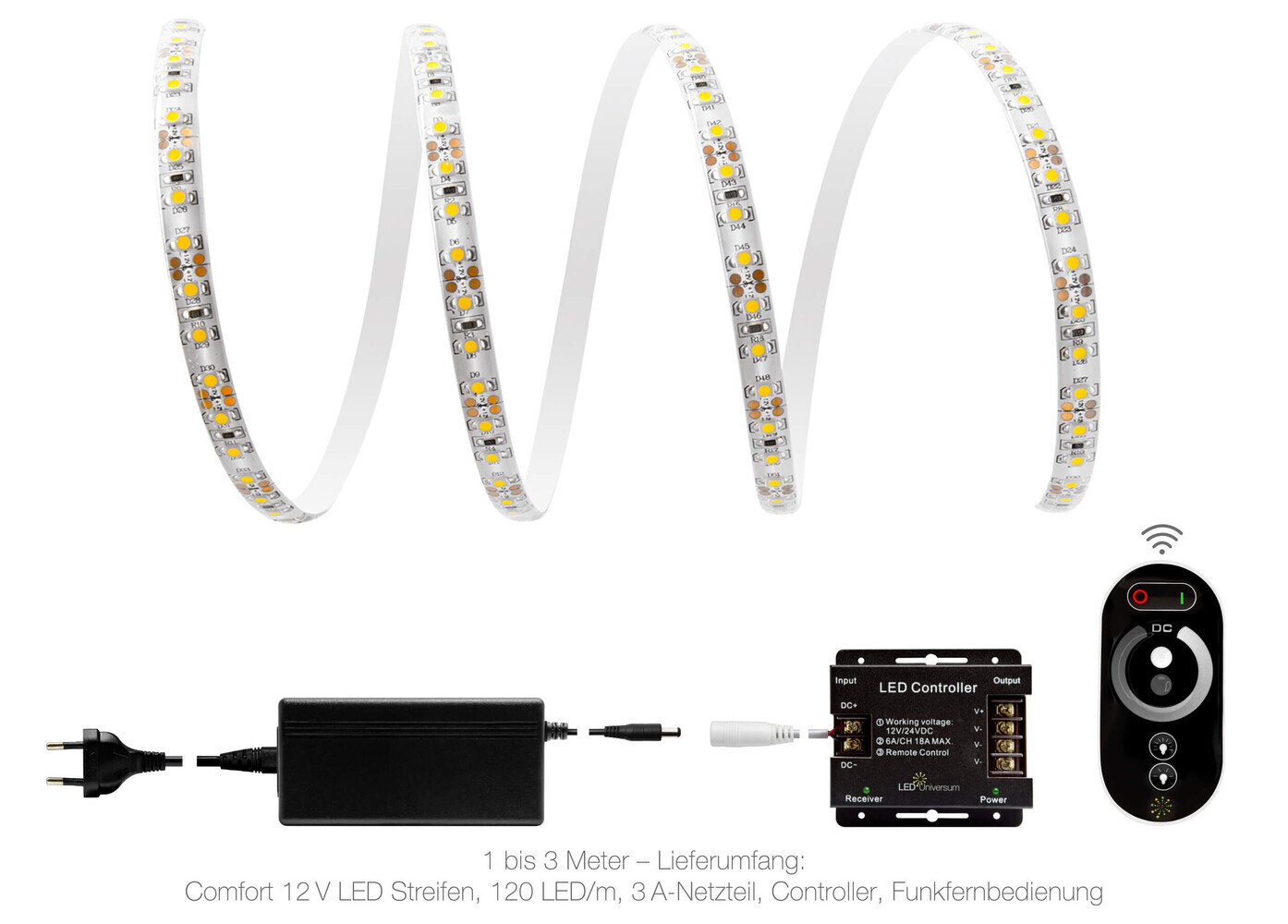Hochwertiger, warmweißer LED-Streifen von LED Universum mit zusätzlichem Funk-Set und Netzteil