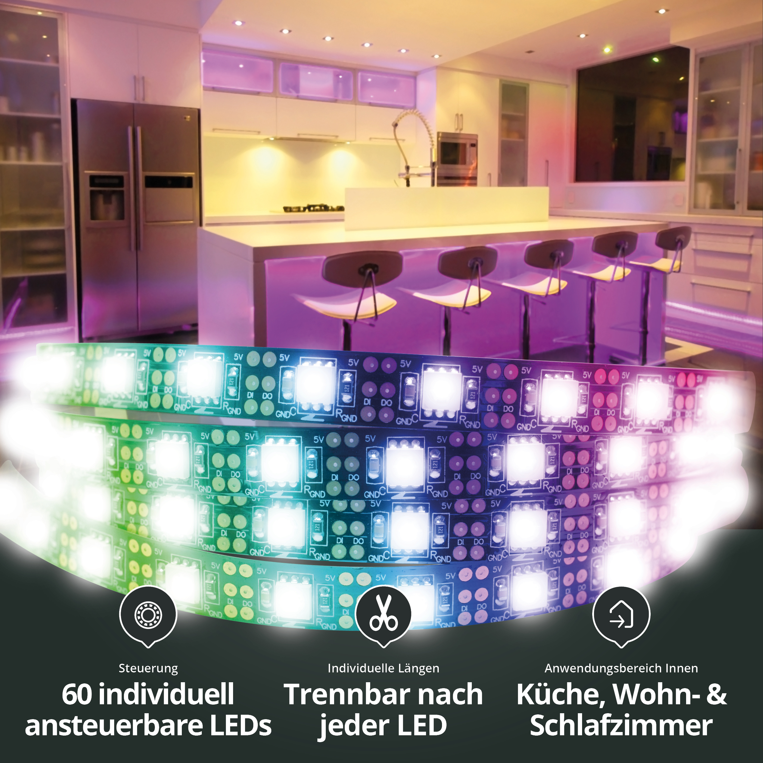 5V RGB IC LED Streifen, IP20, 60 LED/m, 20 IC/m, schwarz 1,5 m