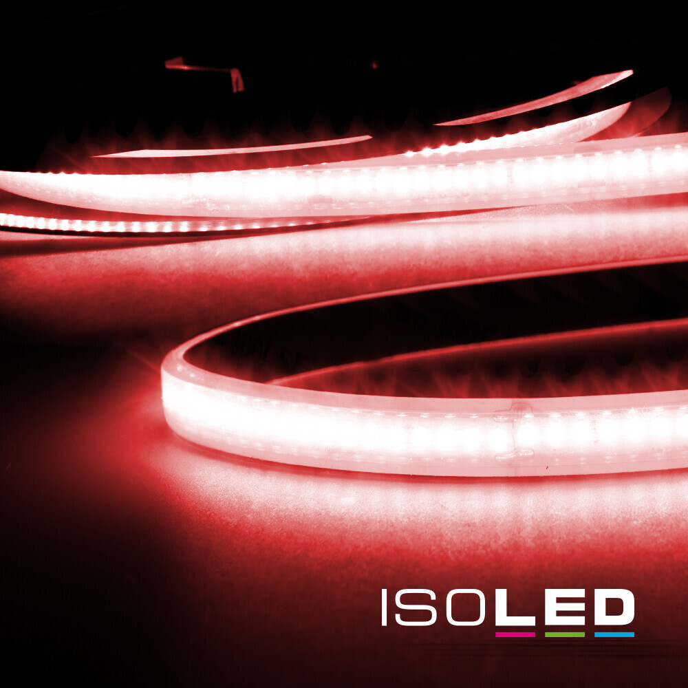 Premium LED Streifen von Isoled in lebhaftem Rot mit hoher Farbtreue (CRI9R) und wasserfestem Schutz (IP68)