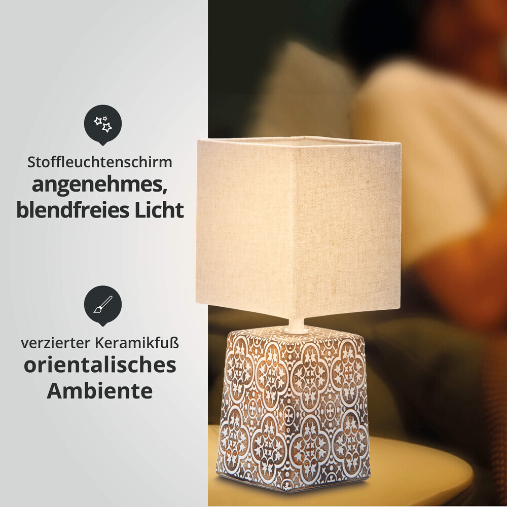Elegante, braune Tischleuchte aus Keramik mit einem eckigen Stoffschirm von LED Universum