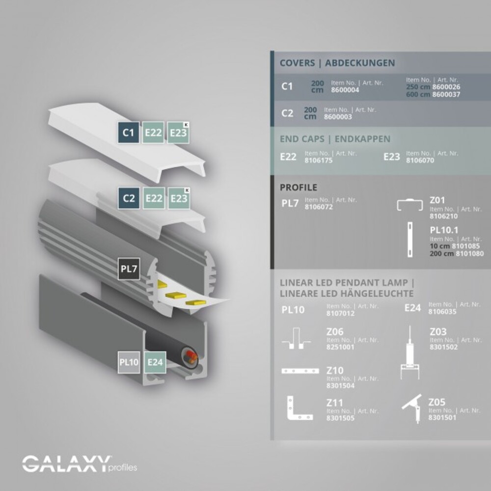 Langes und schlankes LED Profil von GALAXY profiles in glänzender Silberoptik