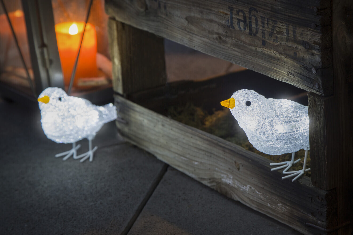 Leuchtfiguren von Konstsmide - stilvolle LED Universum Beleuchtung mit herrlichen Acryl Vögeln, 5er Set, 40 kalt weiße Dioden, 24V Außentrafo, transparentes Kabel