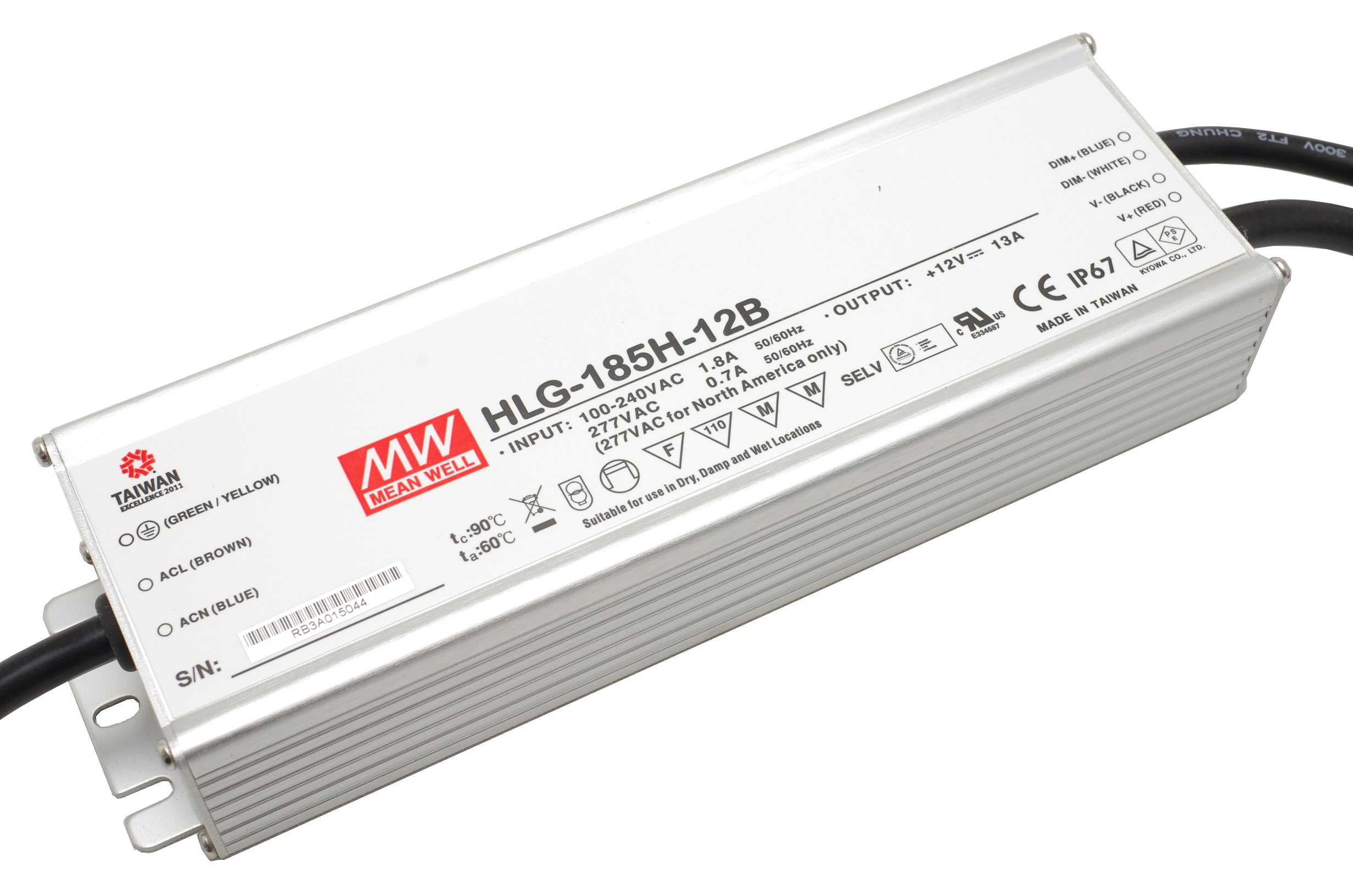 HLG-185H-12B - AC/DC LED-Schaltnetzteil, Metallgehäuse - IP67 156W 12V/13A CV+CC dimmbar