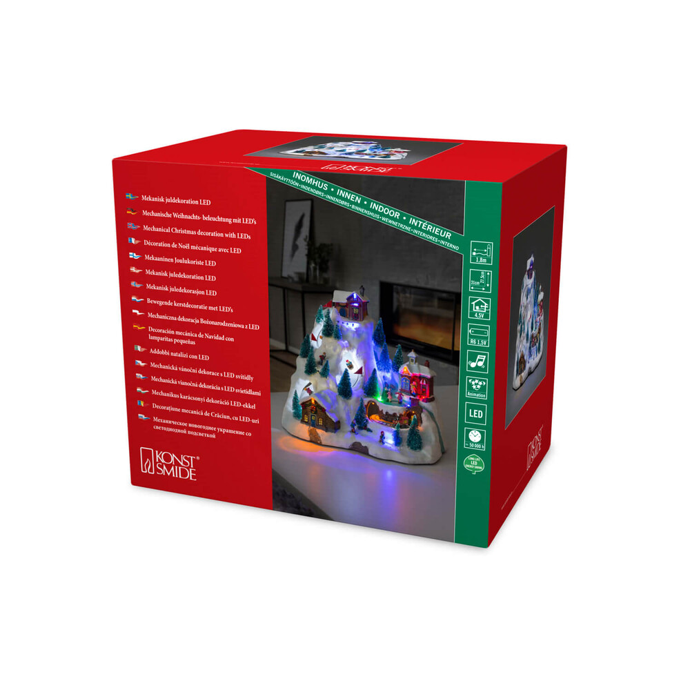 Leuchtfiguren Konstsmide - LED Universum - Szenerie Skipiste mit Animation und 8 klassischen Weihnachtsliedern - wählbare Energieversorgung - 15 bunte Dioden - 4.5V Innentrafo batteriebetrieben - Innen - 3 x AA 1.5V exkl