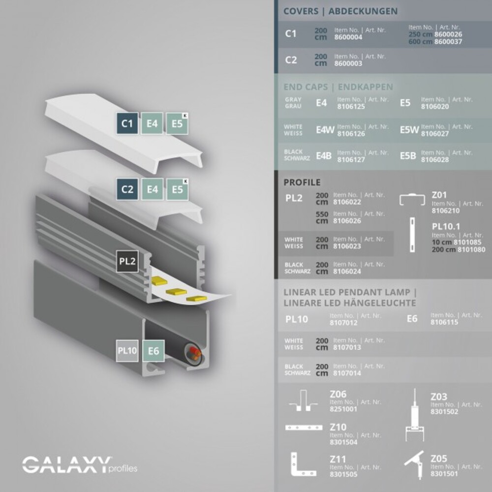 Weißes LED Profil von GALAXY profiles, hoch und 200 cm lang