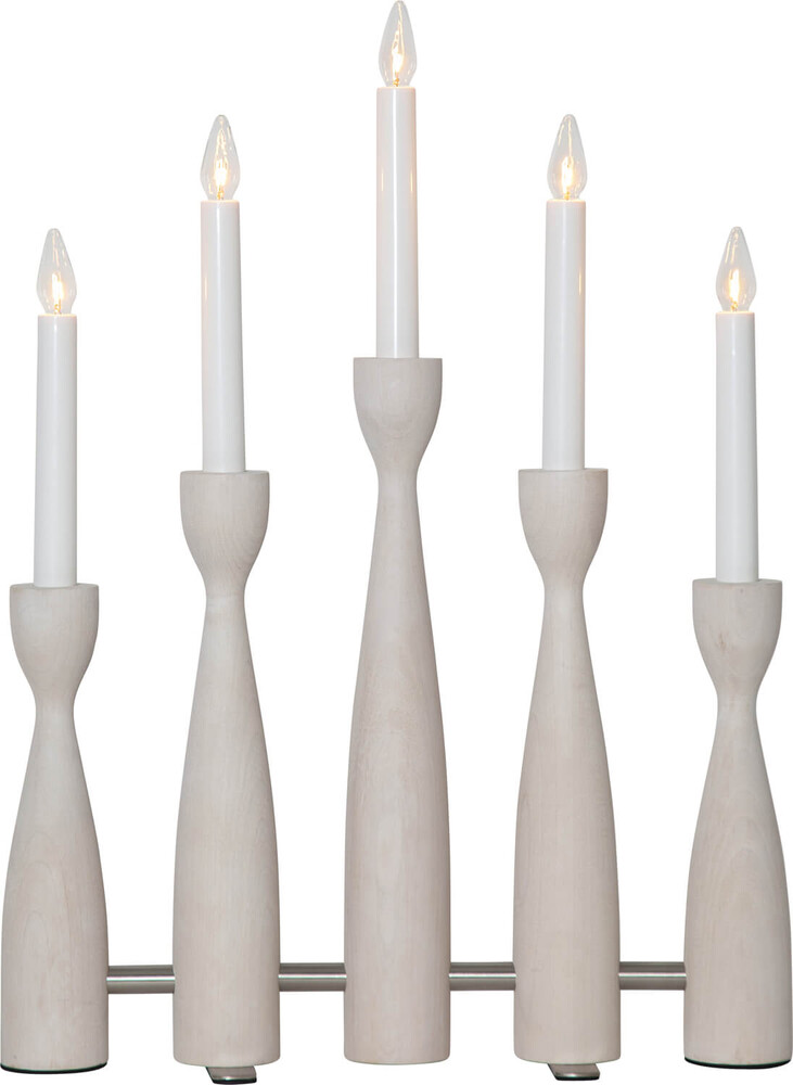 Eleganter, 5-flammiger Leuchter von Star Trading, in weiß gebeizt und aus hochwertigem Holz, Kunststoff und Metall gefertigt