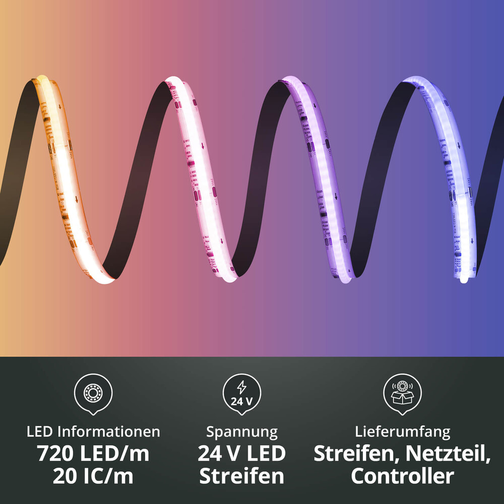 Hochwertiger, farbenfroher LED Streifen von LED Universum mit komplettem Installationsset