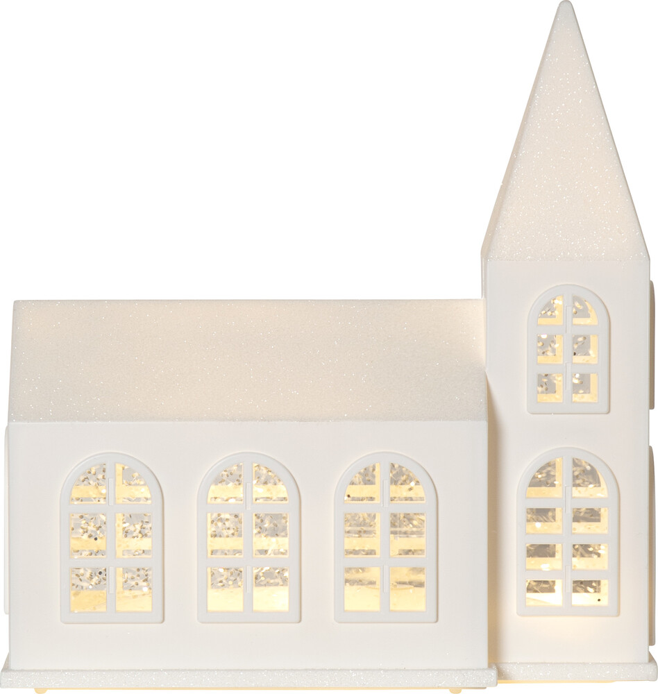 Star Trading 993-08 LED-Deoration "Vinter", Kirche3 warmwhite LED, inkl.Verwirbler,Farbe: weiß/Glitzer, ca. 19,5x20,5 cm,Batterie, Timer,Vierfarb-Karton