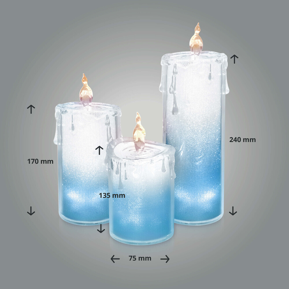 Strahlende blaue LED-Kerzen im 3er Set mit funkelndem Acryl-Glitzer, inklusive Fernbedienung und Timer, von LED Universum