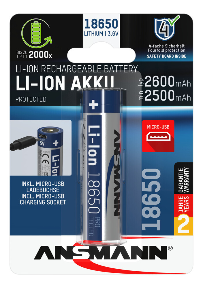 Hochwertiger Ansmann Li Ion Akku 18650 mit Micro USB Ladebuchse