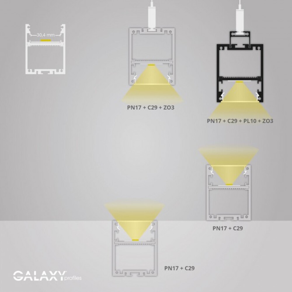 schlankes, weißes LED Profil von GALAXY profiles, symmetrisch und für LED Stripes bis max 30 mm geeignet