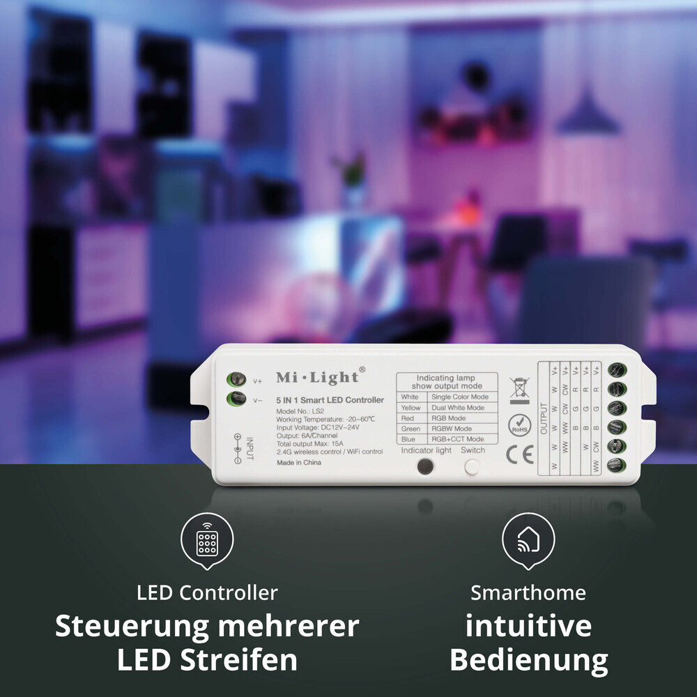 Premium LED-Streifen mit RGB CCT 5 in 1 Funktionalität, 60 LEDs pro Meter und IP65 Schutzgrad, inklusive Wi-Fi SET und Aufputz-Fernbedienung von LED Universum