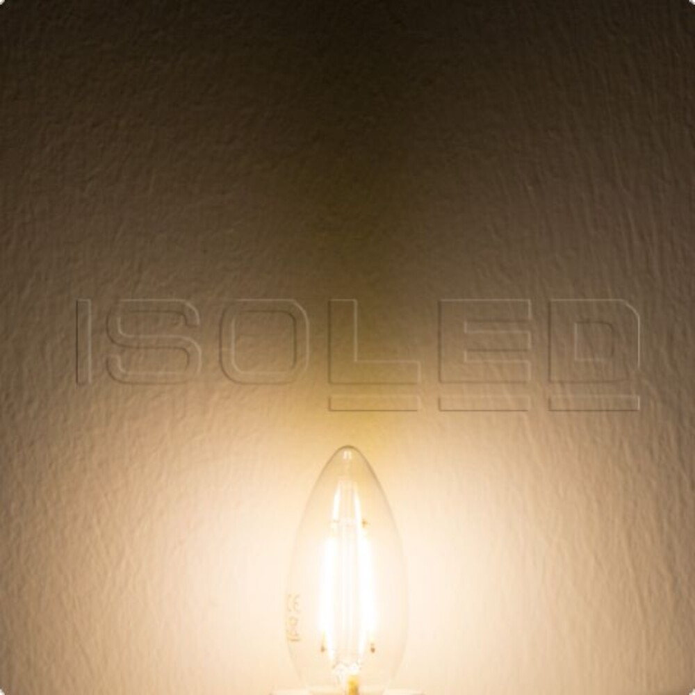 Ein dimmbares LED-Leuchtmittel von Isoled mit warmweißem Licht und klarer Form