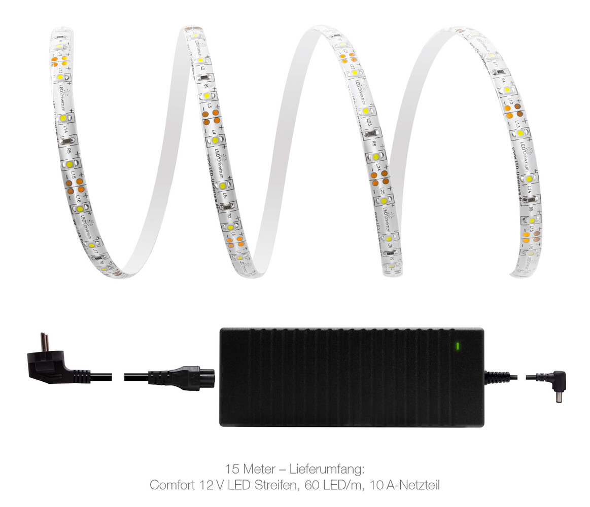 Hochwertiger, kaltweißer LED Streifen von LED Universum, ausgestattet mit 60 LEDs pro Meter und einem Schalter