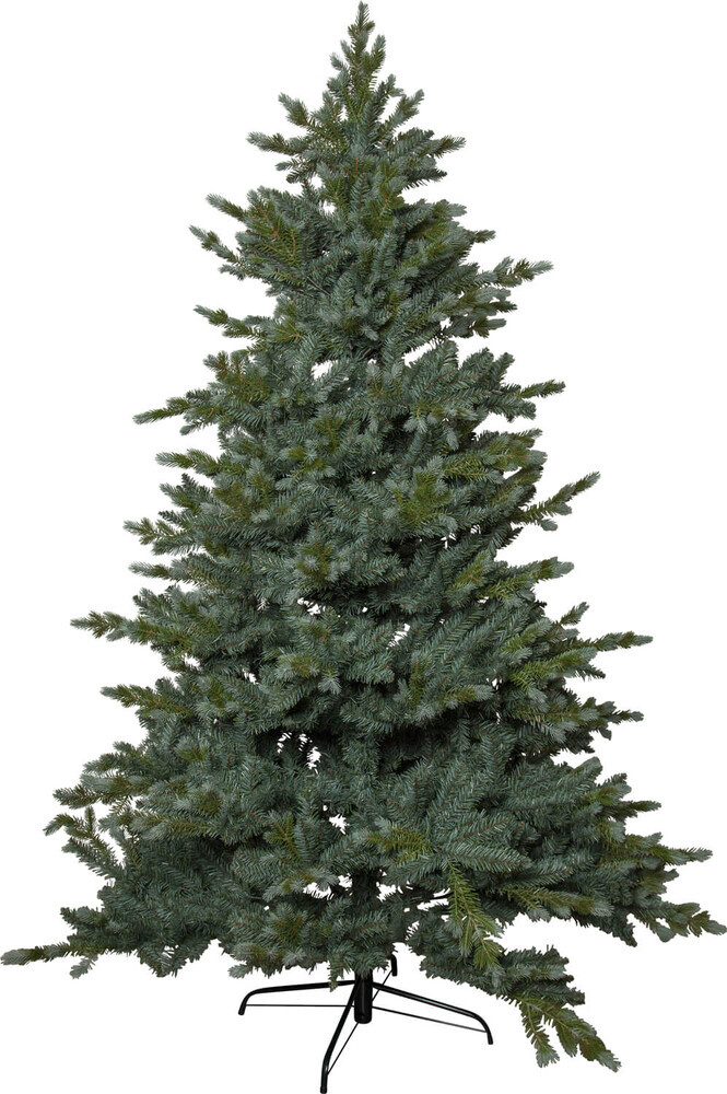 Ein imposanter Weihnachtsbaum der Marke Star Trading in der Farbe Graugrün mit einem stabilen Metallfuß und über 2000 einzigartigen Spitzen, ideal für den Außenbereich