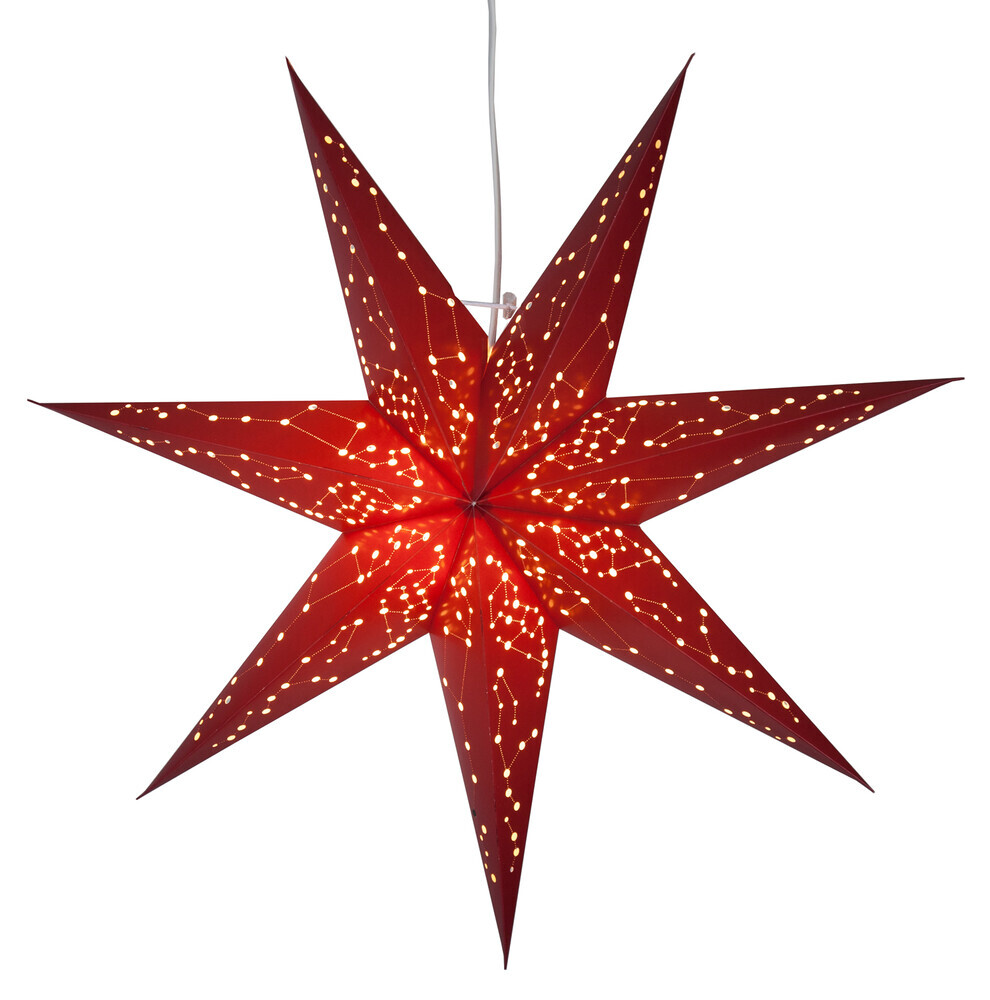 Eindrucksvoller, roter Papierstern von Star Trading mit faszinierenden Sternenbildern und Ornamenten, samt E14 Fassung