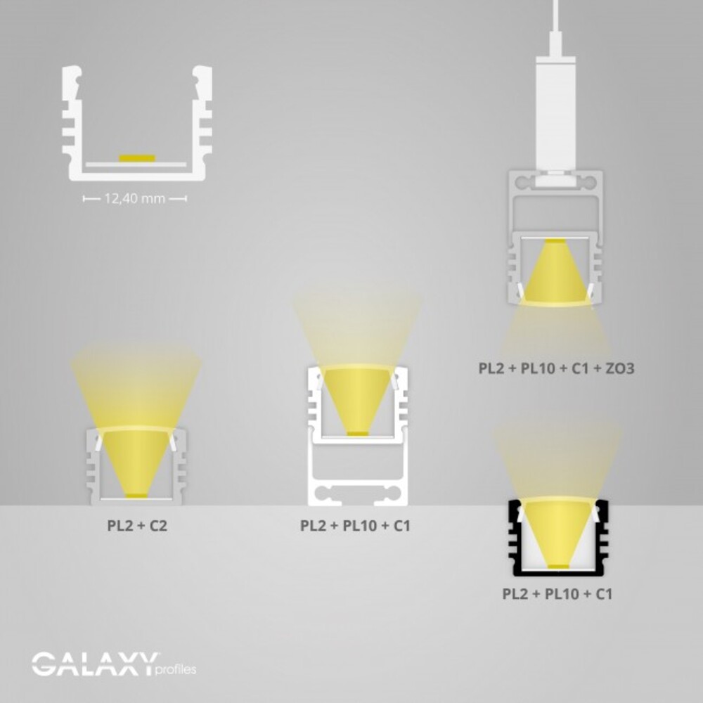 Hochwertiges LED Profil von GALAXY profiles in schwarz RAL 9005 mit einer Länge von 200 cm und für LED Stripes mit max. 12 mm Breite.