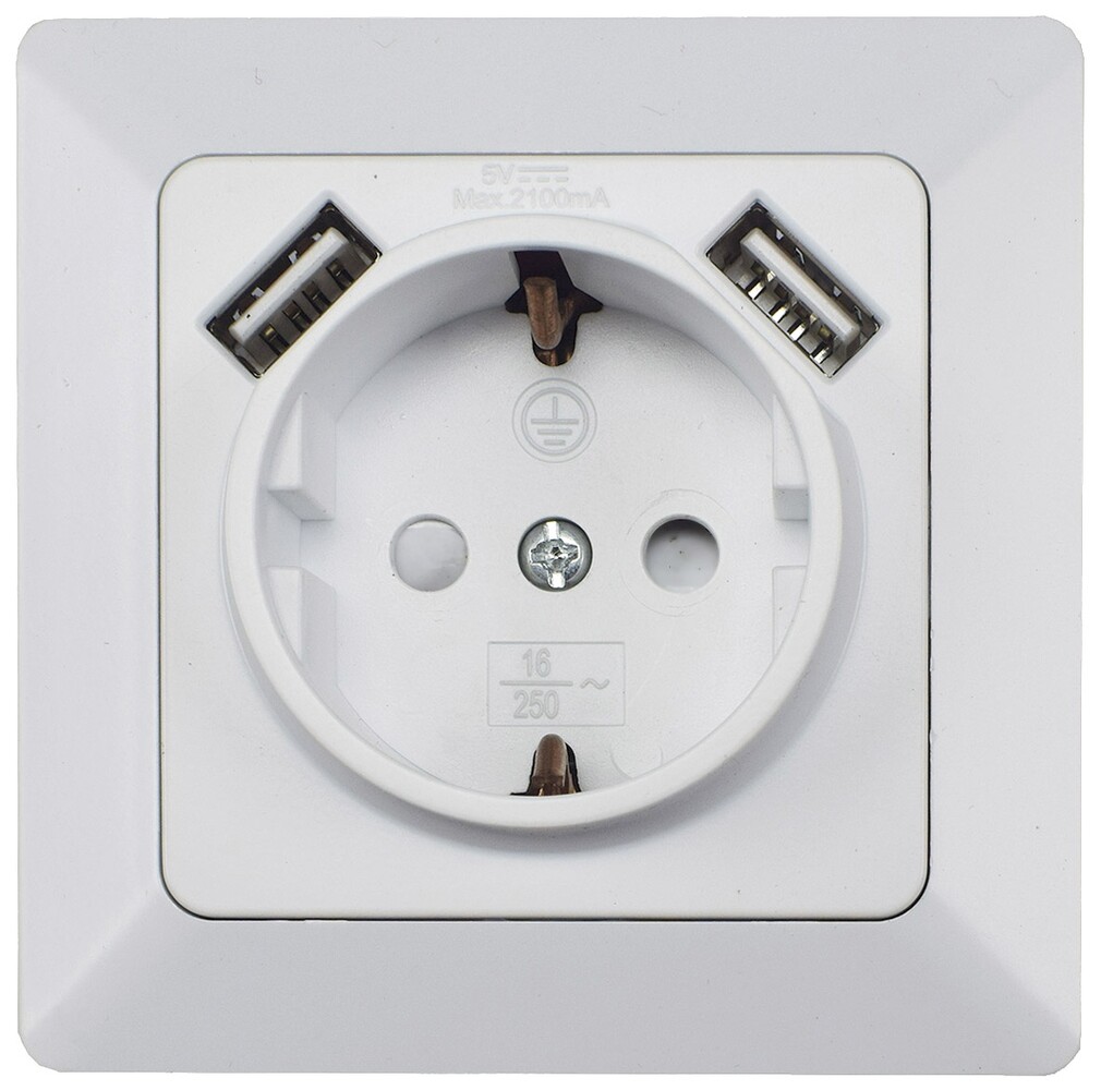 Weiße, matte Schutzkontaktsteckdose mit 2x USB-Buchse von ChiliTec